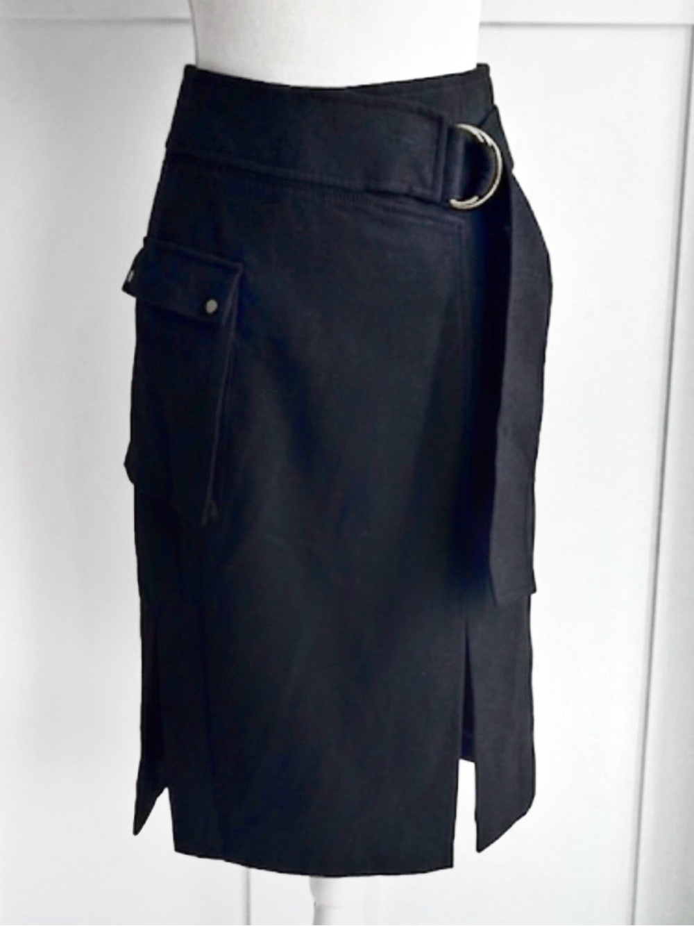 BNWOT Black BABATON Utility Wrap Wool Skirt with D-Ring Belt